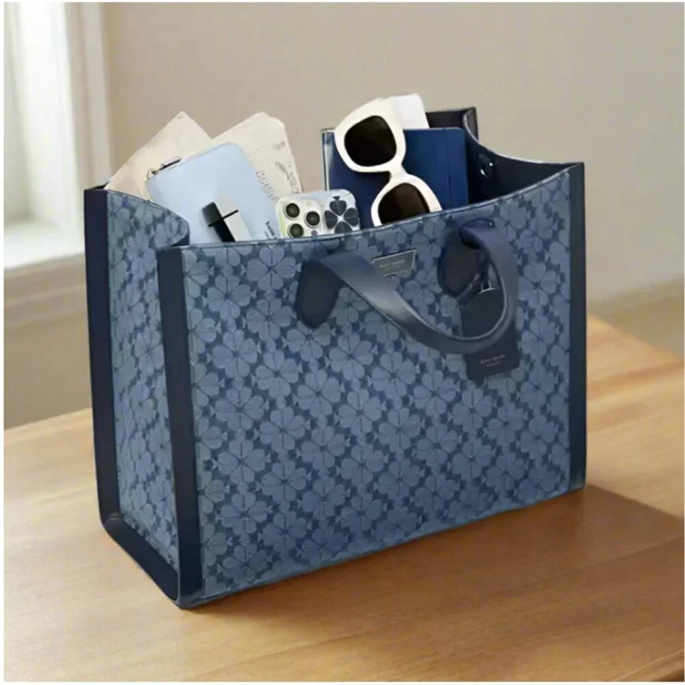 Kate Spade Jacquard Denim Large Manhattan Tote Bag Blue Flower Shoulder Strap - Picture 3 of 13